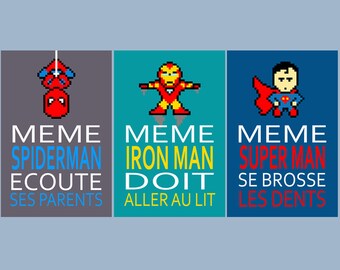 3 posters with superman, iron man, spiderman, humour, children wall art, bathroom
