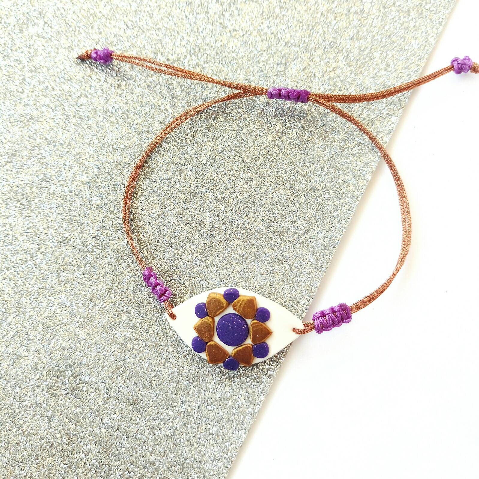 Colorful Evil Eye Bracelet Boho Polymer Clay Bracelet Purple