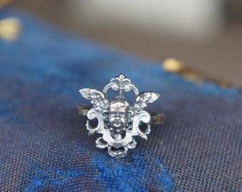 Antique French Winged Cherub Angel Putti Silver Ring