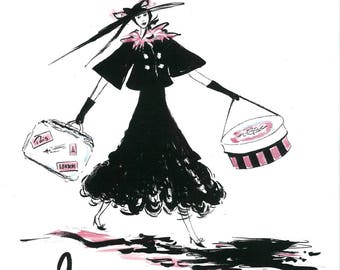 Gigi Shopping on Holiday, Paris, original pen and ink, oilcolor print