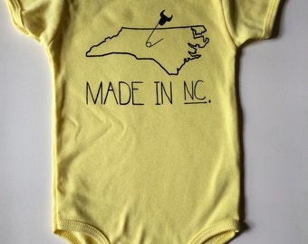 Made in NC, 12-18 months, North Carolina Baby one-piece, Durham, Screen printed romper - Yellow with Black print
