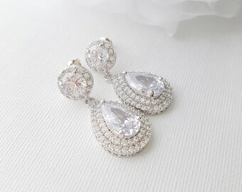 Bridal Earrings, Crystal Wedding Earrings, Cubic Zirconia, Large Teardrop Earrings, Halo Drop Earringss, Bridal Jewelry, Ena Halo Earrings