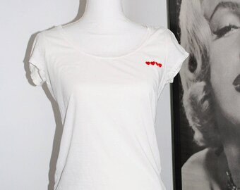 Thrifted White Tee with Heart Patches