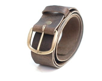 Simple Brown Leather Belt - Distressed Leather Belt with Brass Buckle - Plain Leather Belt - Mens Belts