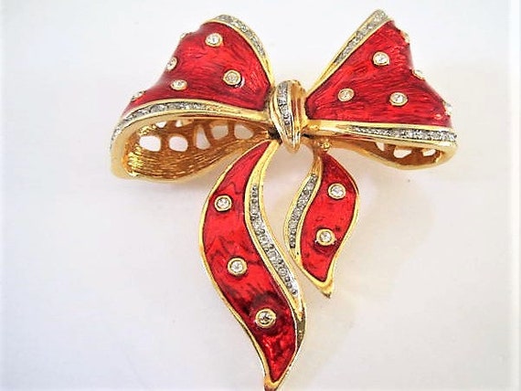 Red Bow Brooch, Red Enamel and Rhinestone, Holiday Brooch, Vintage Gold Tone