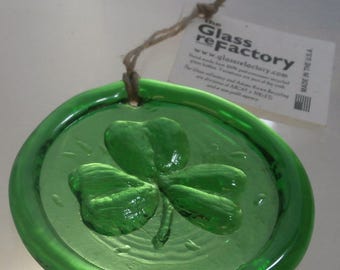 Recycled glass shamrock suncatcher, green shamrock ornament, window art