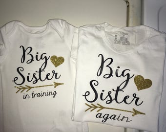 Big Sister Again or Big Sister In Training iron on decal smaller size 5 x 5 black and glitter gold