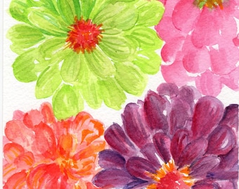 Original Zinnias Watercolor Painting, 5 x 7 floral art pink, orange, lime green, purple zinnias watercolor, Zinnia art decor, flowers