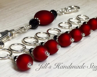 Red Wine Snag Free Stitch Markers & Holder, Gift for Knitters