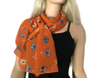 Brick red long floral chiffon scarf -Parisian Neck Tissu