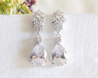Crystal Bridal Earrings, Wedding Earrings, Teardrop Dangle Earrings, Modern Vintage Style Flower Earrings, Bridal Jewelry, Rose Gold, PERRIE