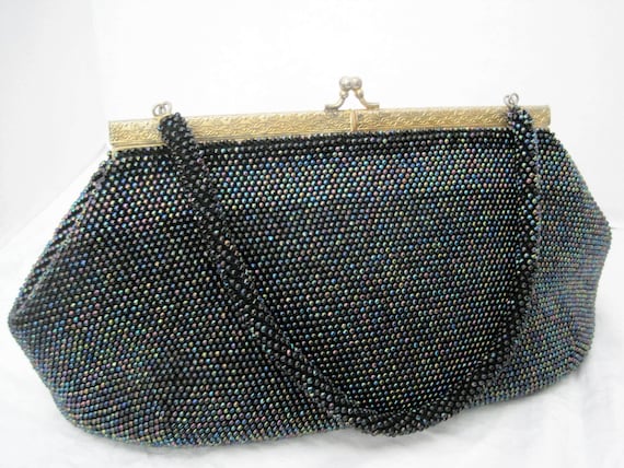 Blue Beaded Purse, Glass Iridescent Beads, 50's Handbag, Collectible Purse, Gift for Woman