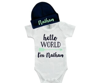 Personalized Boy's Hello World Onesie with navy beanie hat set. Boy's Bring Home Outfit. Boy's Newborn Outfit. Take Home Outfit.