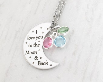 I Love You To The Moon and Back - Mother's Day Gift for Her from Kids - Moon & Birthstone Necklace