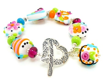 Floral Bracelet, Lampwork Bracelet, Heart Bracelet, Glass Bead Bracelet, Beaded Bracelet, Heart Jewelry, Glass Bead Jewelry, Bright Bracelet