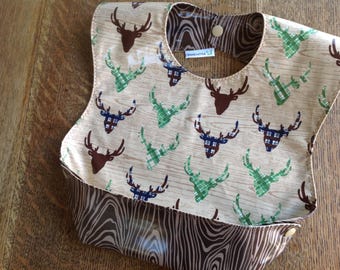 Snappy Pocket Bib, Waterproof Laminate, Deer Elk Head, Wood Grain, hunter, plaid, Reversible and adjustable, BPA Free, wipeable and washable