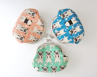 Pug Coin Purse, Aqua Blue and Pink, Japanese fabric