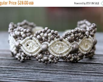 SALE Micro-Macrame Beaded Cuff Bracelet - Antique Silver Mix
