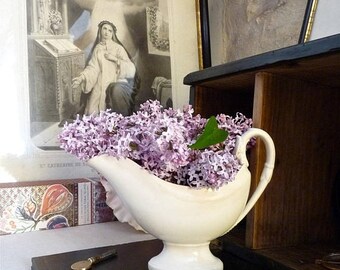 RESERVED 50% DISCOUNT Shabby French Tea Stained Antique Sauce Boat. French Dinnerware White Gravy Boat French ceramic 19th.