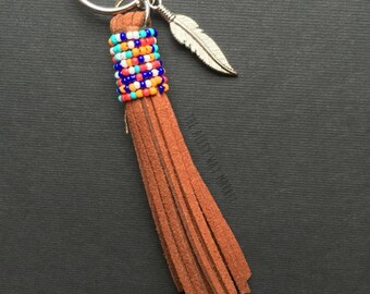 Tassel Keychain, Tribal Keychain, Tribal Tassel, Beaded Tassel, Tassel Purse Charm, Bag Charm, Boho Keychain, Boho Charm, Feather Keychain