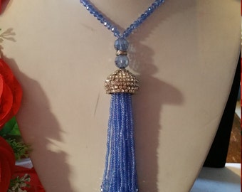 Beautiful turkish periwinkle blue Austrian crystal necklace with a long seed bead tassel so pretty!