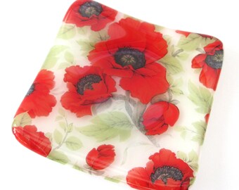 Red poppy glass dish, square glass tealight holder, shallow glass bowl, candle dish, small cloakroom soap dish, change holder, jewelry tray