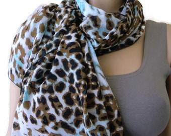 Brown and aqua blue leopard long chiffon scarf -Parisian Neck Tissu Long chiffon scarf
