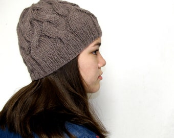 Cabled grayish brown wool beanie