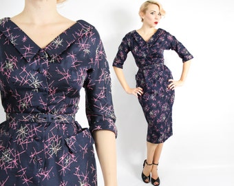 50s Atomic Dress | Navy Silk Print Wiggle Party Dress | Samuel Grover Original | Small