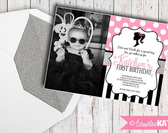 Classic Doll Birthday Invitation - Printable file - Pink, Black, & Silver Glitter - Personalized
