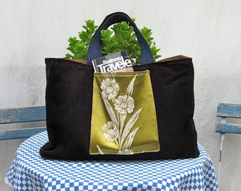 Tote Bag Purse Corduroy Denim Vintage Brocade