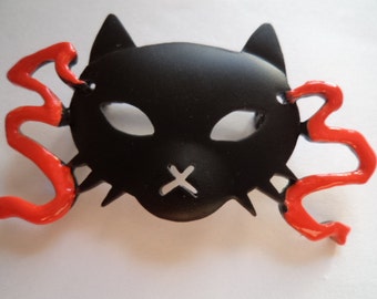 Vintage Signed JJ Black Cat Mask Brooch/Pin
