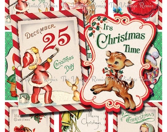 INSTANT DOWNLOAD, Printable Christmas Tags, Digital Collage Sheet, Retro Vintage Holiday Labels, atc, aceo