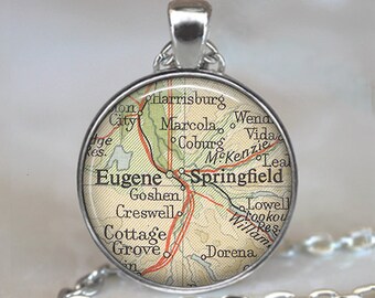 Eugene, Oregon map necklace, Eugene map pendant Springfield map necklace map jewelry jewellery keychain key chain key ring key fob