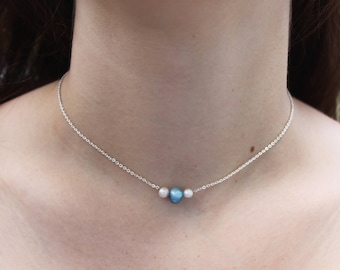 Triple Pearl White and Blue Necklace
