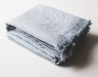 Bluish Grey Softened Linen Throw, Linen Throw Blanket, Light Grey Throw, Fringed Throw Blanket, Soft Linen Throws and Blankets