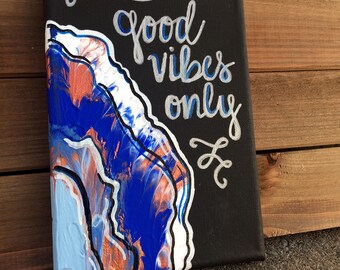 Good Vibes Only - Blue Geode/Agate/Stone inspired Acrylic Painting - Quote Painting - 5x7 inch Inspirational Wall Art Mini Canvas