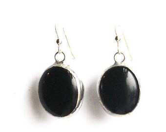 Round Black Earrings- Stained Glass Earrings- Everyday Earrings- Black Glass Earrings