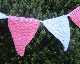 New baby gift - Handknitted bunting in pink and white