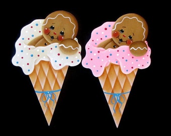 Ginger in Ice Cream Cone Ornament or Fridge Magnet, Handpainted Wood Gingerbread Refrigerator Magnet, Hand Painted Ginger, Tole Painting