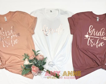 Bride Tribe with Arrow Graphic Tees Bride Maid of Honor Mother of the Bride Flower Girl Short Sleeve T-Shirt for Wedding Party Rose Gold