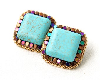 Turquoise Fairy Boho Earrings-Statement Earrings - Stud Earrings-Posts-Turquoise Magnesite Earrings-Unique-Boho