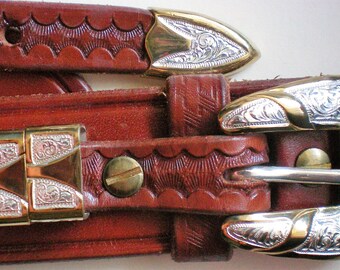 Silver and Bronze Belt Buckle with New Leather Belt - 5557