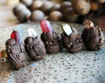 Clay & Gemstone Rings - Quartz Crystal Points - Fully Adjustable . Handmade Clay Jewelry . Goddess . Crystal and Gemstone Jewelry