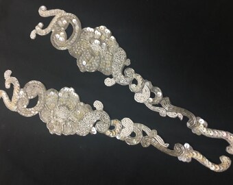 2 Beaded Sequins FLOWER Applique in WHITE and SILVER beads