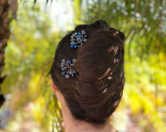 Silver Hair Pins | Crystal Hair Accessories | Bridesmaid Hair Pieces | Something Blue Bridal | Wedding Hair Jewelry | Silver Hair Accessory