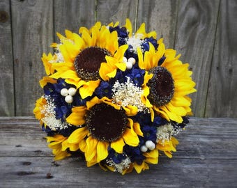 Sunflower Bouquet, Navy Sunflower Bouquet, Bridal Bouquet, Wedding Bouquet