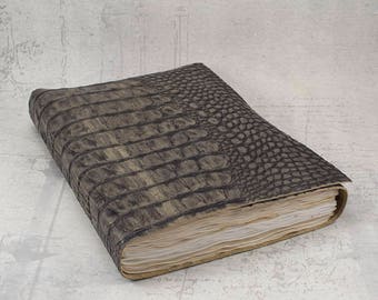 Black gold leather journal, hand stained pages, crocodile embossed leather sketchbook, unique notebook A5, alligator travel journal