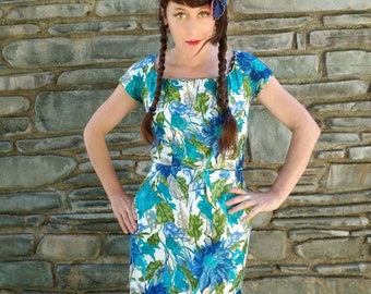 Designer Peggy Hunt floral 60s 1960s wiggle dress blue 50s 1950s bombshell pinup