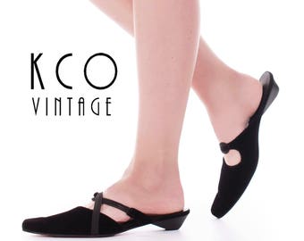 Vintage Black Velvet Flats 1990's Minimalist Slip On Shoes Women's Size 9 / Strappy Elastic Short Cone Heel Sandals US9 / UK 7 / EUR 39 - 40